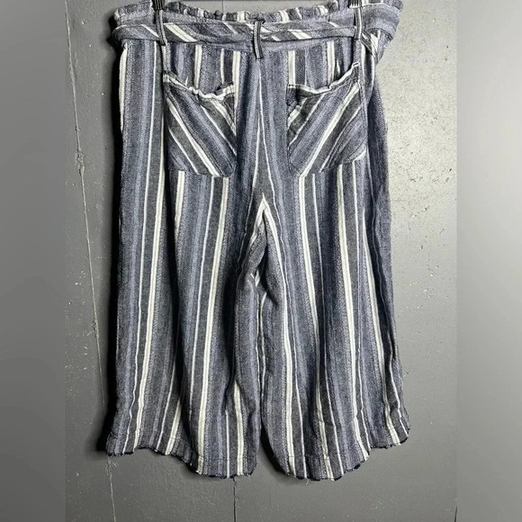 Democracy Navy White Stripe Linen Crop Paper Bag Waist High Rise Pant - Picture 2 of 6